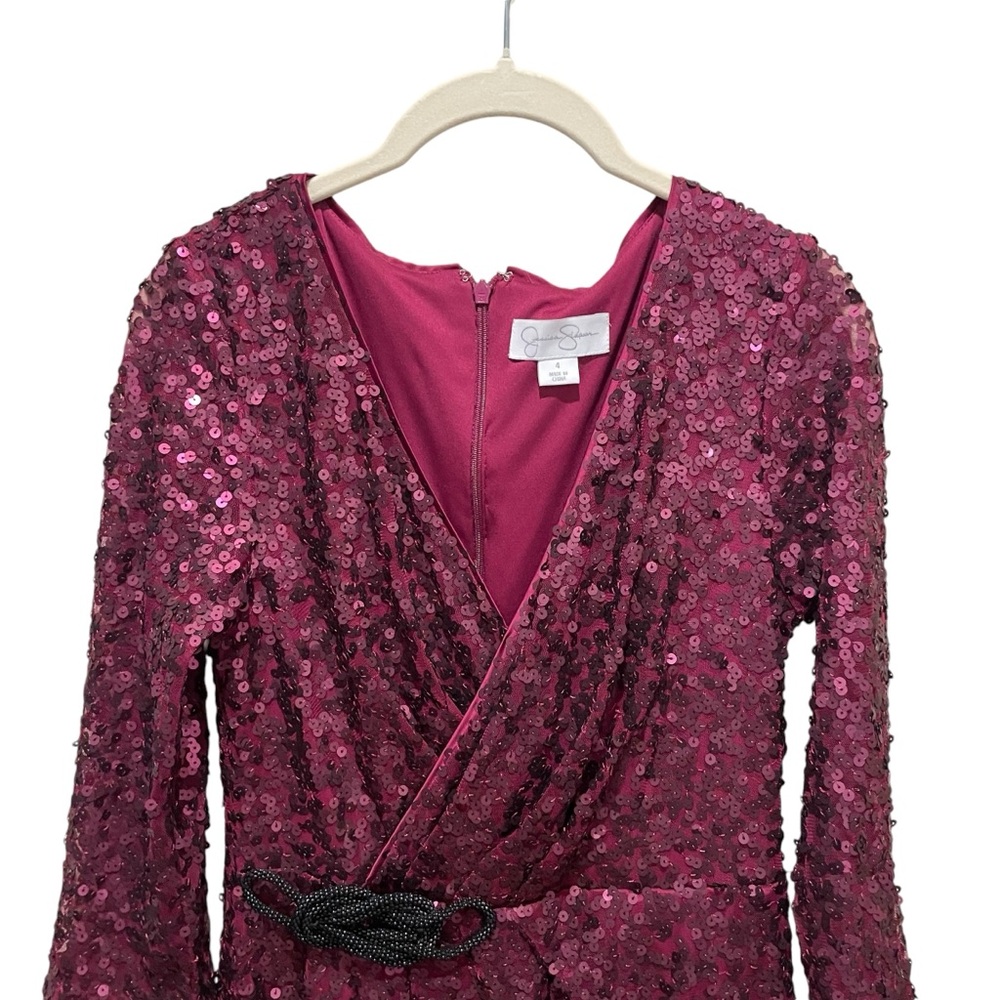 Jessica simpson purple formal sequin wrap gown tulip skirt beaded waist size 4 - Picture 3 of 9